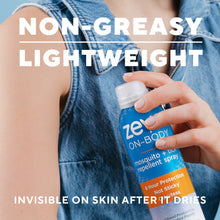 Mosquito repellent spray bottle held near denim shirt