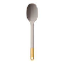 Silicone spoon utensil in gray with gold-tone handle and hanging loop