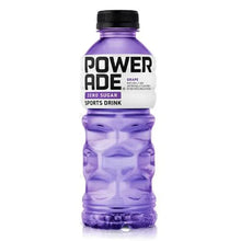 Powerade Zero Grape sports drink bottle, purple liquid, black cap