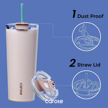 Insulated stainless steel tumbler with straw lid and dust cover, clear straw