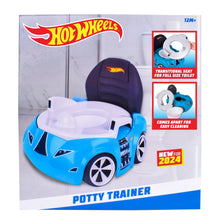 Blue race car potty trainer with white toilet seat insert and black lid