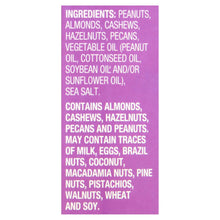 Mixed nuts ingredients list panel on purple tub label