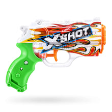 Water blaster gun with green grip and red-orange patterned barrel with curved graphic lines