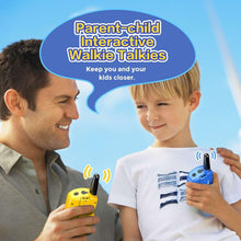 Yellow and blue kids walkie-talkies with antennas, held by parent and child