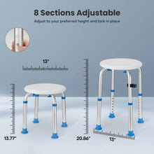Adjustable shower stool with round seat, blue sleeves on legs, 8 height sections