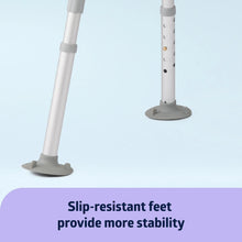 Gray transfer bench with anti-slip feet and height-adjustable support legs