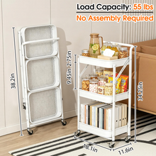 White 3-tier rolling cart with wheels, showing item storage on wire shelves.