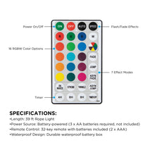 RGB LED rope light remote control with 16 color options and 7 effect modes