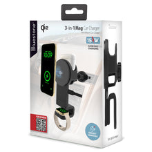3-in-1 car wireless charger retail box with phone and watch charging shown