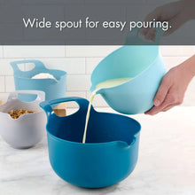Blue plastic mixing bowl set with wide pour spouts and integrated handles