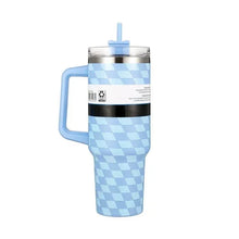 Blue diamond-pattern double-wall tumbler, clear lid, straw, side handle