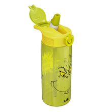 Kids Grinch water bottle with straw; open flip lid and carry handle on lime green body
