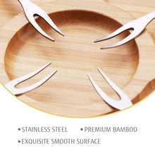 Bamboo round cheese board with six-segment design and white-handled cheese tools