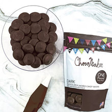 Dark chocolate candy wafer pouch with wafer pieces in bowl