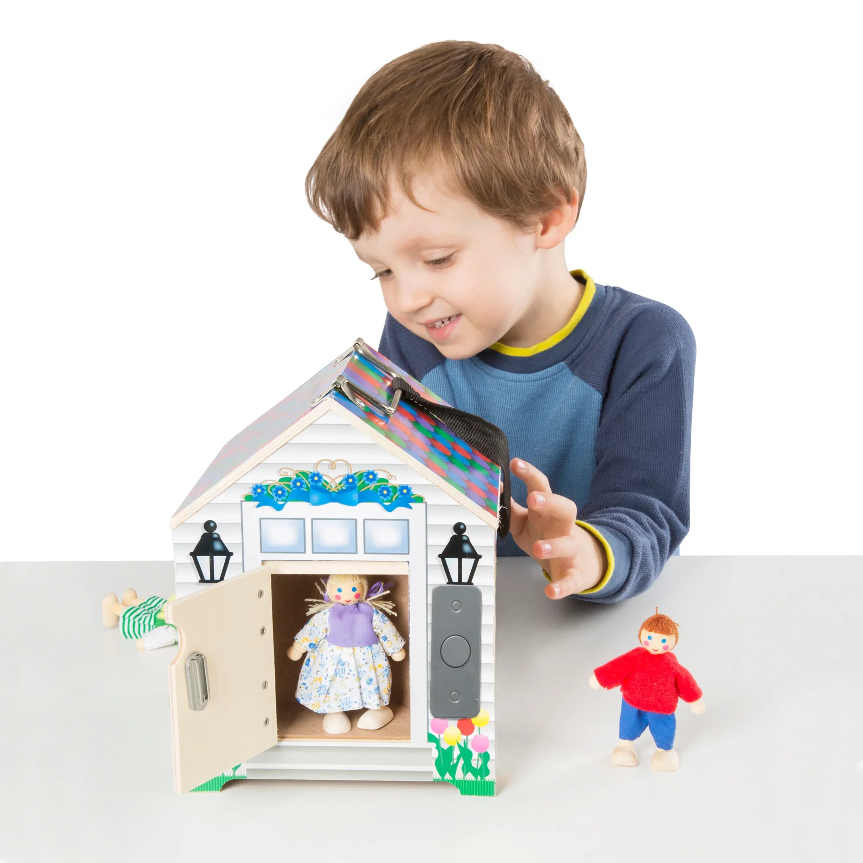 Melissa & Doug Take-Along Wooden Doorbell Dollhouse - Doorbell Sounds, Keys, 4 Poseable Wooden Dolls