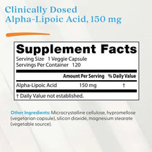 Supplement Facts for alpha-lipoic acid 150 mg with ingredient list for veggie capsule