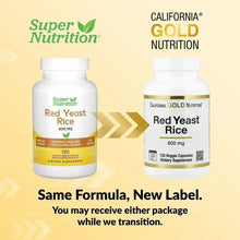 Red Yeast Rice supplement bottle front label, 600 mg, 120 veggie capsules