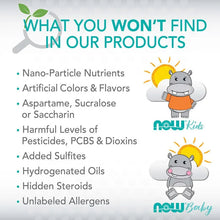 Kids ingredients exclusions infographic with cartoon hippo characters