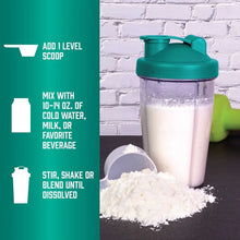 Green-lid protein shaker filled with white powder and scoop