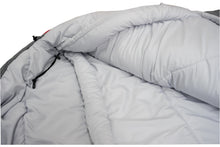 Light-gray mummy sleeping bag interior with quilted baffles and drawstring hood