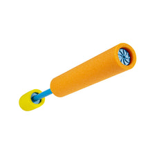 Neon orange foam water blaster tube with blue spout and yellow handle end