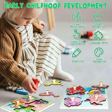 Wooden peg puzzle set as a child places animal pieces on a board