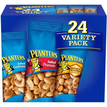 Planters 24-count nut variety pack: salted cashews, salted peanuts, honey roasted peanuts