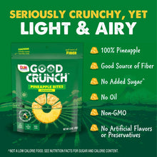Original pineapple snack bites bag, green label with variety of claim icons and text.