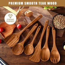 Teak wood cooking utensils including ladle, spoon, fork, and spatulas
