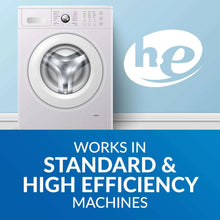 Laundry detergent packaging with HE logo and text: works in standard & high efficiency machines