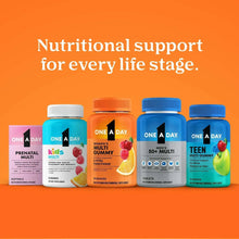 One A Day multivitamin gummy bottles lineup on an orange background