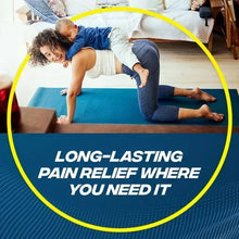 Pain relief cream advertisement showing people stretching indoors