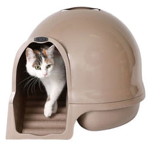 Enclosed cat litter box with steps and dome hood, cat entering through front opening