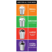 Trash bag size chart showing small through extra-large gallon capacities