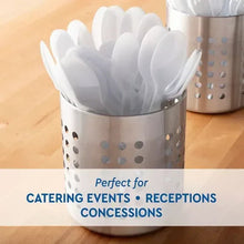 Stack of white plastic spoons in a metal dispenser cup