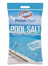 Clorox Pool&Spa pool salt bag, blue and white, front label with high purity text
