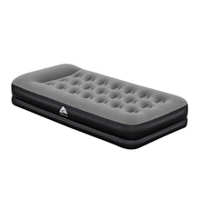 Twin air mattress with gray quilted top, dark base, and evenly spaced air chambers