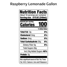 Raspberry lemonade nutrition facts panel for 8 fl oz (240 mL) serving