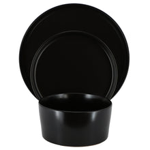 Black stoneware dinner plate with matching bowl, glossy finish