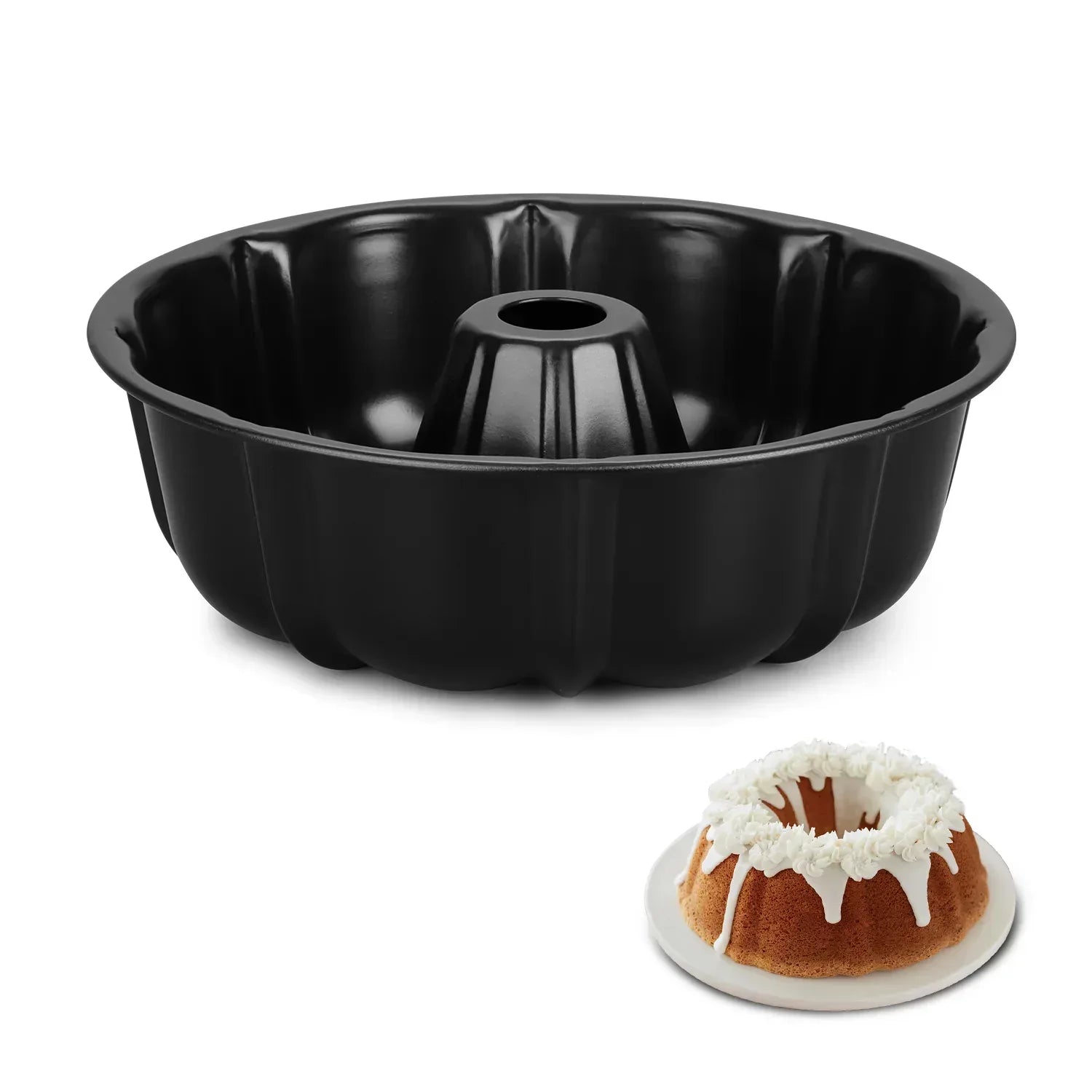Vesteel 10 inch Bundt Cake Pan, Non-Stick Pan for Baking Brownie Flan Meatloaf, Carbon Steel Bakeware with Tube for Birthday Wedding Events, Heavy Duty & Durable - Black