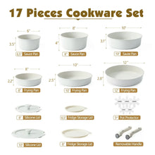 White speckled 17-piece nonstick cookware set diagram, with pans, lids, and removable handles