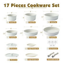 White speckled 17-piece cookware set shown with matching lids and a protector