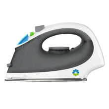 Cordless steam iron in white and gray with blue steam feature, top view