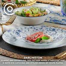 Coupe dinner plates and bowl set with blue floral design, food served on plates