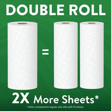 Paper towel double rolls, three white rolls shown on green packaging graphic