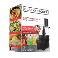 Food processor retail box with BLACK+DECKER branding and easy assembly design