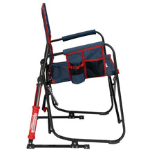 Oversized foldable rocking camp chair with blue seat and back, red pocket organizer