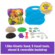 Dino dig sand set with blue carry tray, natural sand, and fossil tool pieces