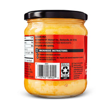 Back of salsa con queso cheese dip jar with barcode and microwave instructions