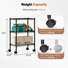 Black 3-tier shelving unit on casters and leveling feet with weight capacity